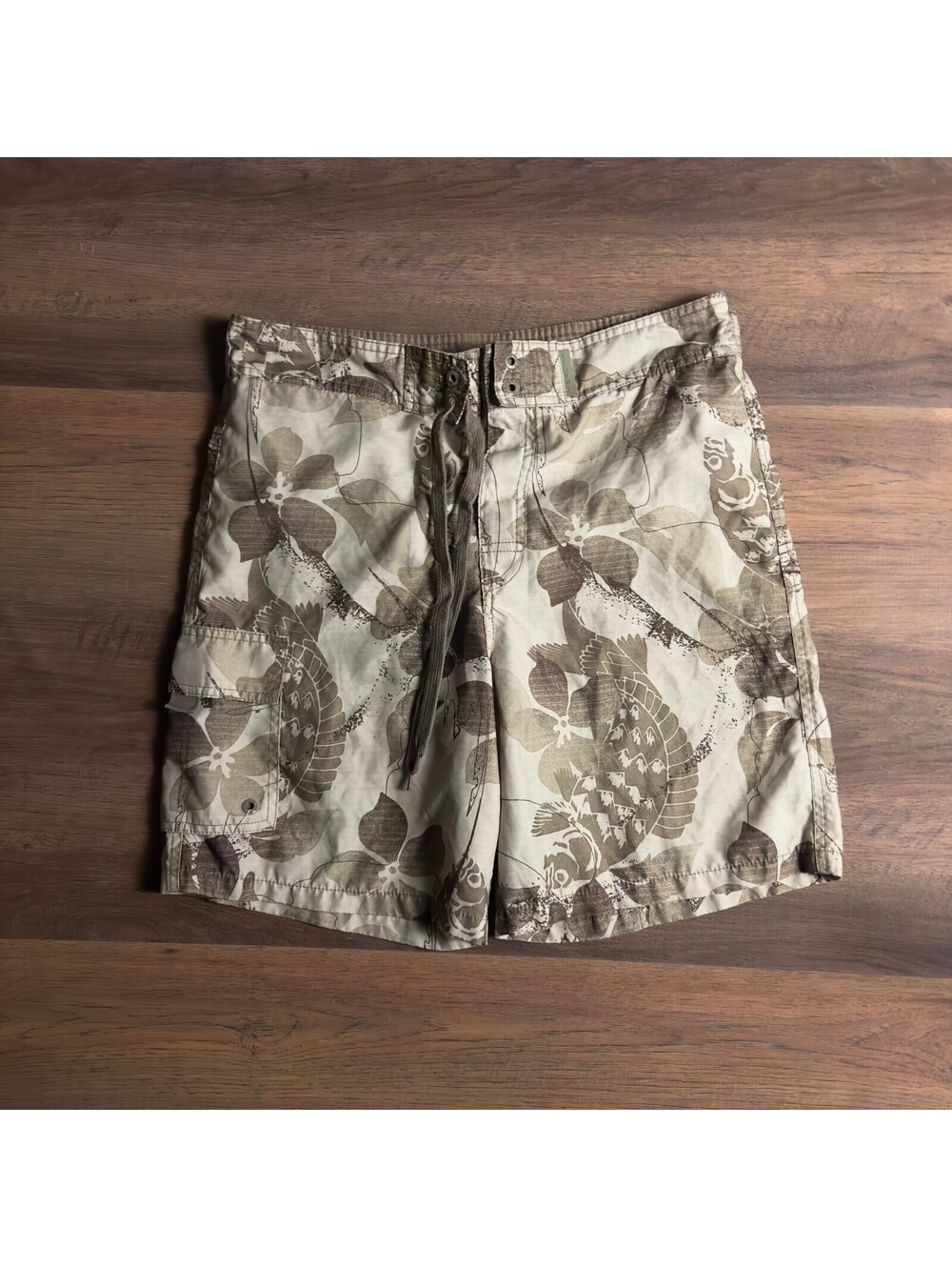 Merona Board Shorts Mens S Tan Cream Tropical Floral Surf